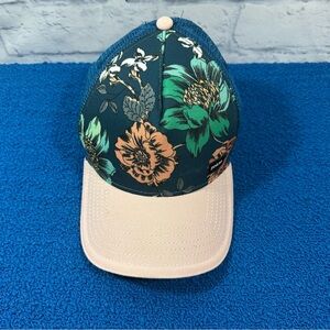 Prana Lower Pines Teal Blue Rose Floral Logo Pink Brim Trucker Hat